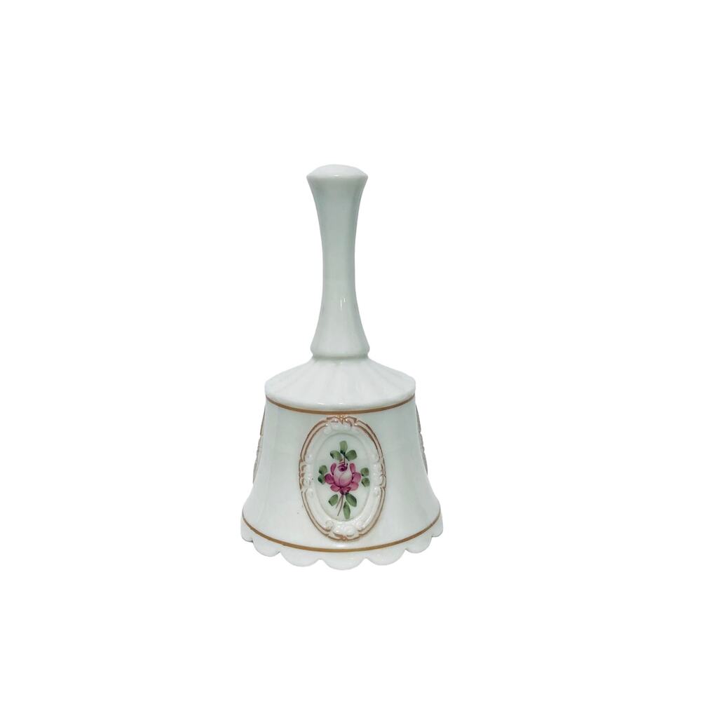 Vintage Westmoreland White Milk Glass Hand Painted Floral Medallion Scallop Bell